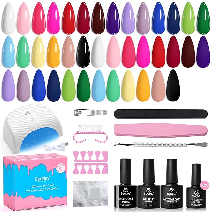 Beetles Deal Box Gel Nail Polish Kit with U V Light - 20 Colors Gel Polish 40 Pcs All-In-1 Nail Kit with TPO & HEMA Free Base and Top Coat DIY Nails Supplies Home Salon Manicure Set Gifts for Women
