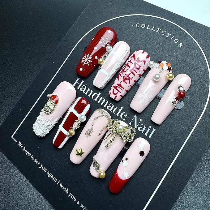 10Pcs Handmade Christmas Press on Nails Long French Tip Fake Nails with 3D Bow Pearl Design Thick Acrylic and Muti-Layer Gel False Nails Coffin Nails Press ons Christmas Glue on Nail for Women (S)