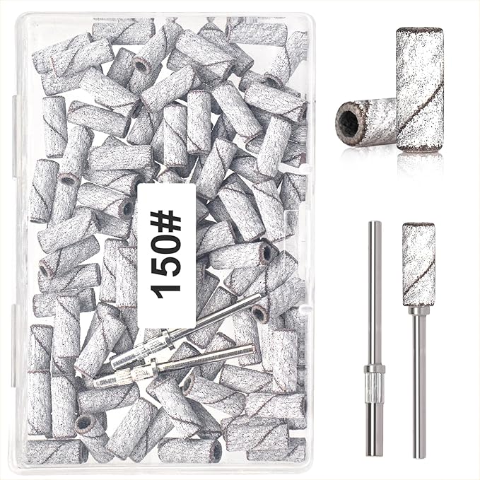 BLESWIN 100pcs Small Sanding Bands with Upgraded 3mm Mandrel Bit, 150 Grit for Acrylic Nail, Gel Nail Removing, Professional Nail Sanding Belt for Manicure and Pedicure, White