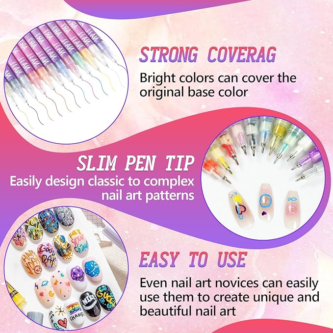 12 Colors Nail Art Pens Set, Nail Art Markers for Gel Nails, Drawing Painting Point Liner Acrylic Painted Pen Kit, Waterproof and Quick-drying Nail for DIY Nails Art Design Manicure Tools