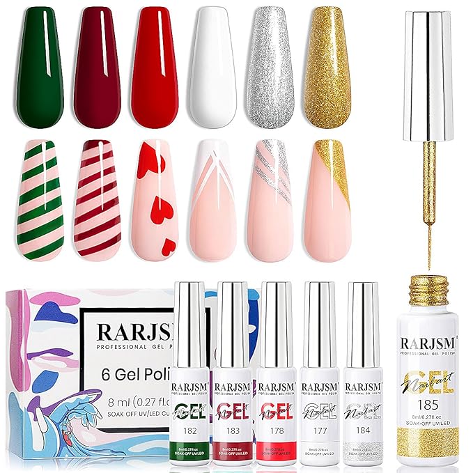 RARJSM Painting Drawing Liner Pen Gel Nail Polish Set,Silver Gold Glitter Dark Green Red White Nail Art Design UV Led Gel Polish Kit,DIY 3D GelNail Paint Pull Line Pen Tool for Nails Manicure