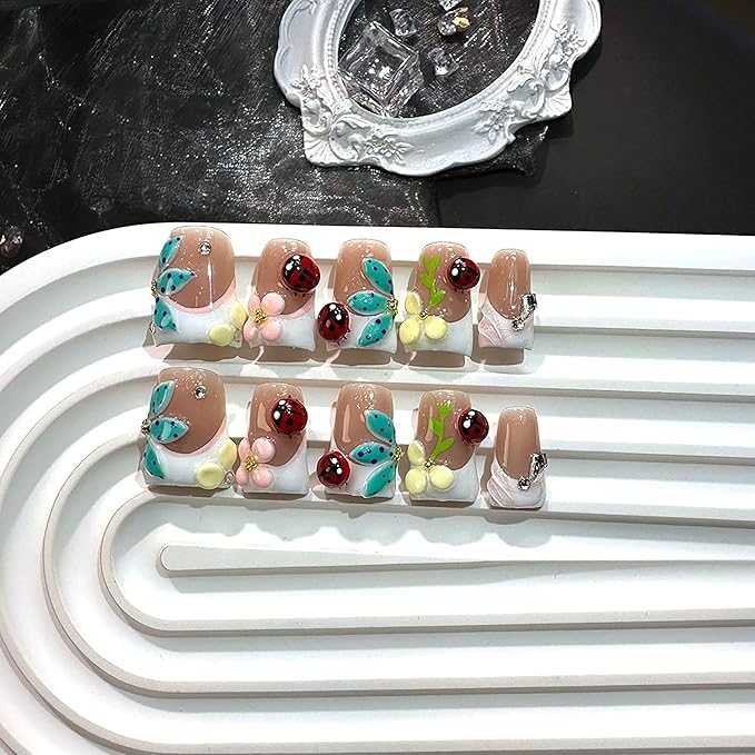 10Pcs Luxury Press on Nails Short Duck Handmade Fake Nails 3D Flower and Rhinestone Design 100% Handmade False Nails with Glue Sparkly French Tip Stick on Nail for Women (Size M)