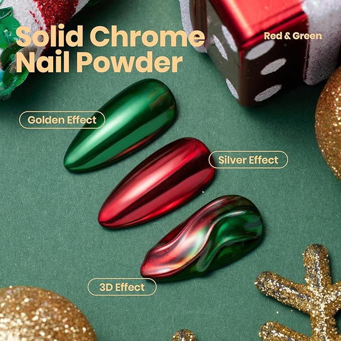 Beetles Chrome Nail Powder 2 Colors Mirror Effect Red Green Metallic Crome Powder for Nail Solid Pigment Nails Art Decoration Glitter Manicure Design Gift for Women