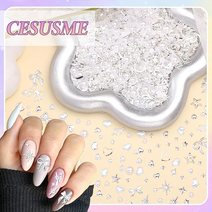 Silver Alloy Cross Star Nail Charms, Silver Metal Nail Beads, White Flatback Pearls, 3D Star Moon Heart Bow Butterfly Nails Studs, Mixed Sizes Caviar Beads and Pearls for Nail Art Accessories DIY