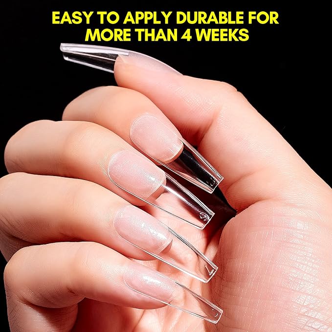 Makartt Coffin False Nail Tips: 500pcs Long Pre-buffed Full Cover Clear Press on Acrylic Nails Extension 10 Sizes No Crease Soak Off Soft Gel Fake Tip with Box Home DIY