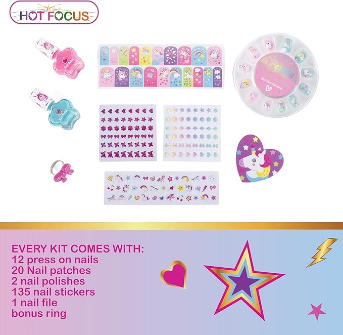 Hot Focus Scented Nail Boutique – 168 Piece Unicorn Nail Art Kit Includes Press on Nails, Nail Patches, Nail Stickers, Nail Polishes, Nail File and Ring – Non-Toxic Water Based Peel Off Nail Polish