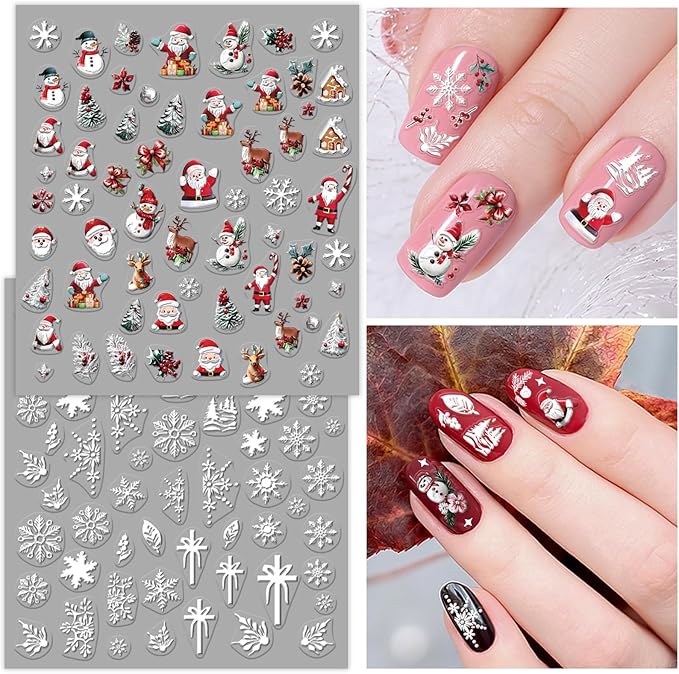 9 Sheets Christmas Nail Art Stickers, Embroidery Nail Sticker Decals for Girl Women, Xmas Tree Santa Claus Nail Stickers for Nail Art Kids Christmas Stocking Stuffers Gifts Decoration Self-Adhesive