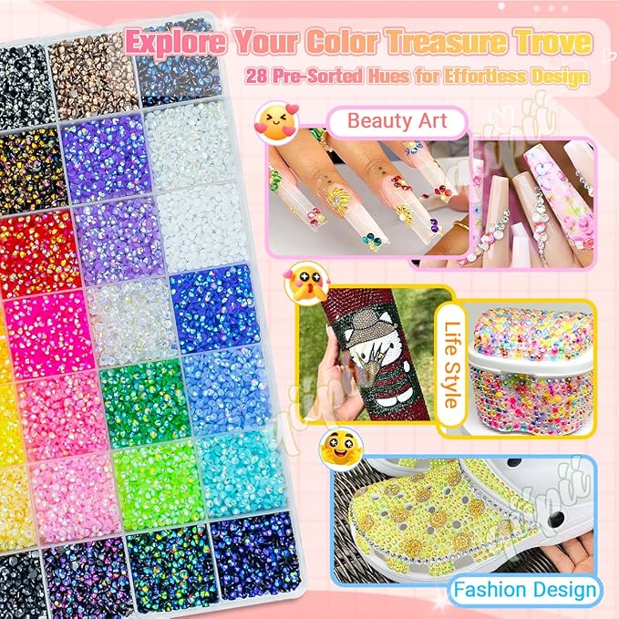 28 Color 3mm Jelly Resin Rhinestones w B7000 Glue for Bedazzling Crafting Flatback Stones Colorful AB Gems Diamonds Bedaazler Kit Charms for Nails Eyes Face Makeup Tumblers Bottles DIY Crafts