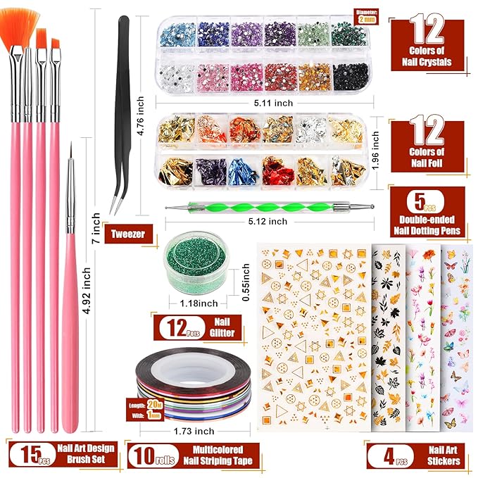 Teenitor Nail Art Brushes Nail Art Tools, Nail Brushes for Nail Art Kit with Nail Stickers, Nail Design Tools Nail Design Brushes Nail Gems, Nail Stuff Dotting Tools Nail Art Stickers Nail Supplies