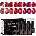 MEET ACROSS 9Pcs Glitter Red Cat Eye Gel Nail Polish Burgundy Red Cateye Gel Polish Magnetic Nail Polish with Magnet Bloody Mary Series Sparkle Red Manicure DIY Gifts 8 Colors