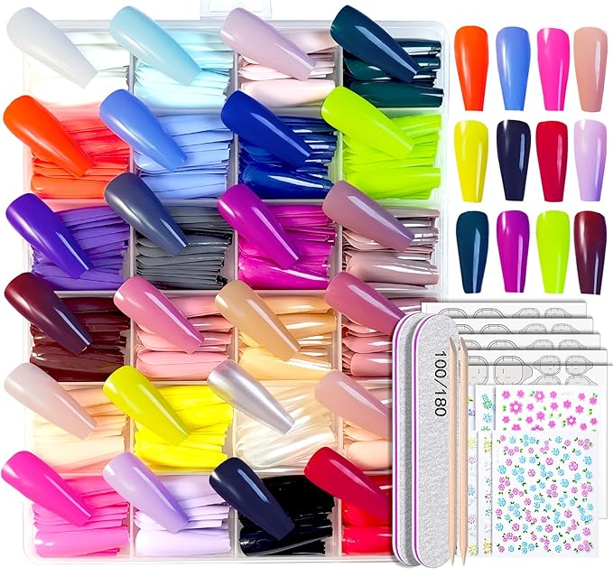 576 Pcs Long Coffin Press On Nails, 24 Colors Glossy False Nails Full Cover Fake Nail Tips with Adhesive Tabs & 10 Nail Stickers for Woman DIY Nail Art Practice & Daily Wear