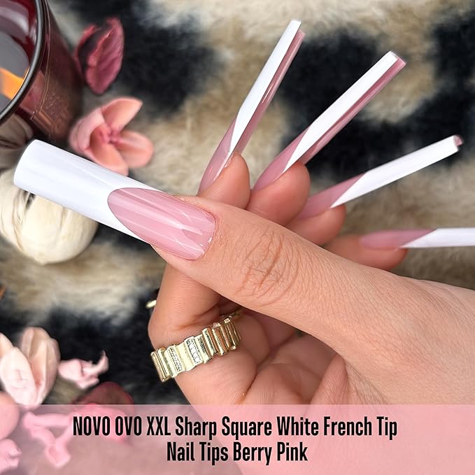 NOVO OVO XXL Square Nail Tips - 150Pcs Soft Gel Nail Tips, Pre-Colored Berry Pink White French Tip, No C Curve Straight Acrylic False Nails for Extension, PMMA Gel X Tips Press on Nails Kit (15 Sizes)