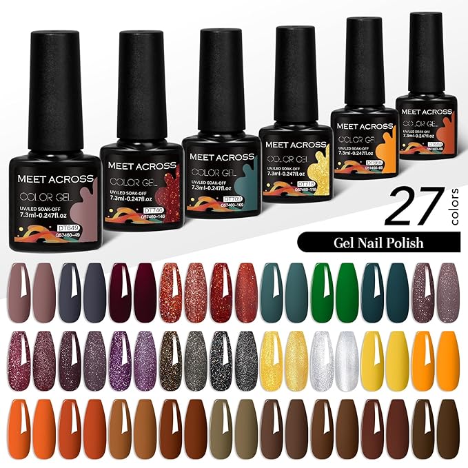 MEET ACROSS 27PCS Gel Nail Polish Set,27 Colors Gel Nail Kit Art Design Soak Off UV LED,Nail Art Design Gifts for Women