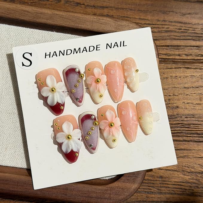 Luxury Press on Nails, Medium Almond 3D Handmade Nails, Reusable French Tip False Nails, Pink Flower Metal, Thick Acrylic ABS Nail Art (10PCS-S)