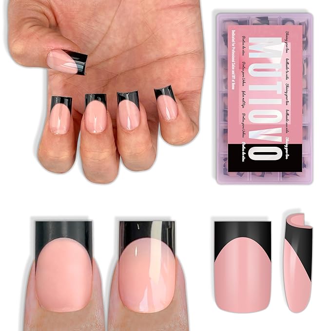 Black French Tip Short Straight Square Nail Tips Press on, BABY PINK Extra Thick NEED Soft Gel Nail Extension, Need Builder gel & Top,Coat Full Cover False Nails, for DIY x 15 Sizes 150 pcs