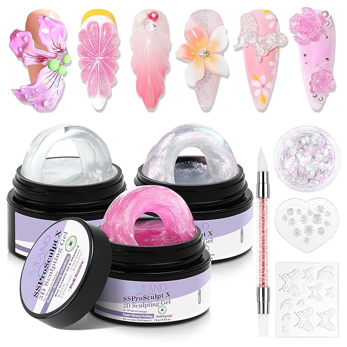 SAVILAND Solid Builder Nail Gel Kit: Aurora Silver Pink Clear 3D Sculpting Gel with Rose Flower Silicone Molds and Dual-Tip Carving Pen for 3D Nail Art Sculpture & Extensions, Home DIY Salon Manicure