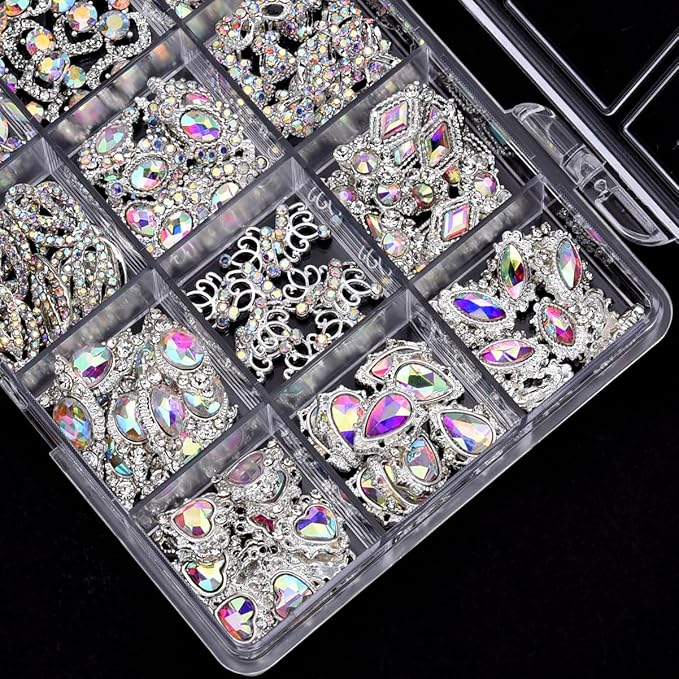120pcs Nail Art Rhinestones Kit - 12 Styles Gradient AB Silver Glitter Nail Charm Gems for DIY Manicure, Jewelry Making, Craft Decor, Y2K Women Girl Nail Beginners Designers, Acrylic Nail Supplies