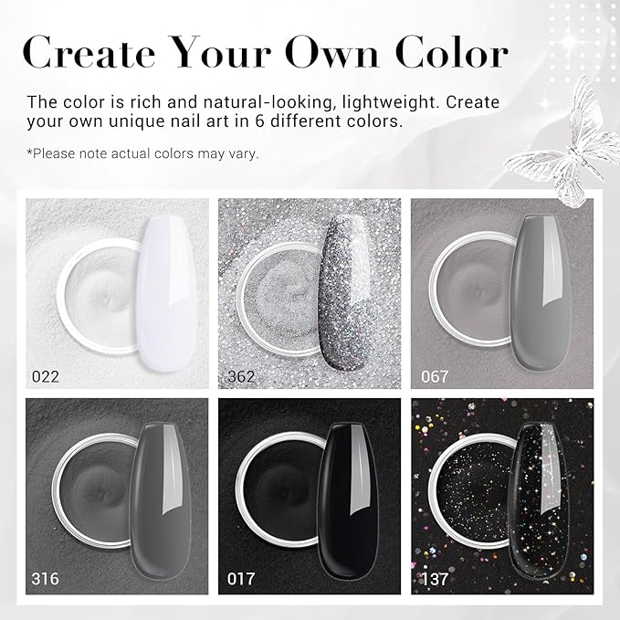 AZUREBEAUTY Dip Powder Nail Basic Set White Black Silver Grey Pure Sparkle 6 Colors All Seasons Dipping Powder Starter Kit French Nail Art Manicure DIY Salon for Women, No Need Nail Lamp Cured