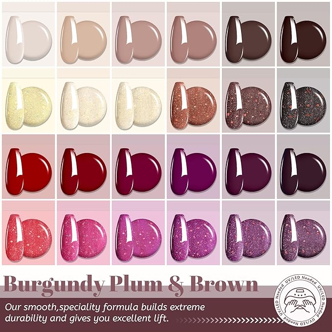 ABAC Fall & Winter Solid Gel Nail Polish Set Burgundy Red Purple Brown Colors w/Pro Brush No-Spill,Hema-Free Gifts for Women All Season
