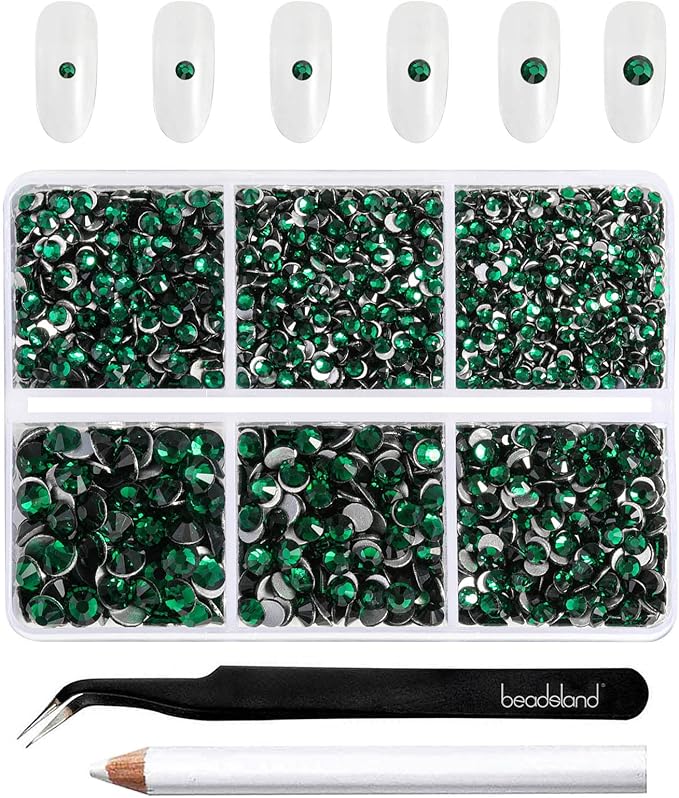 Beadsland 4300pcs Flatback Rhinestones,Green Rhinestone Nail Gems Round Crystal Rhinestones for Crafts,Mixed 6 Sizes with Picking Tweezers and Wax Pencil Kit, SS6-SS20,Emerald