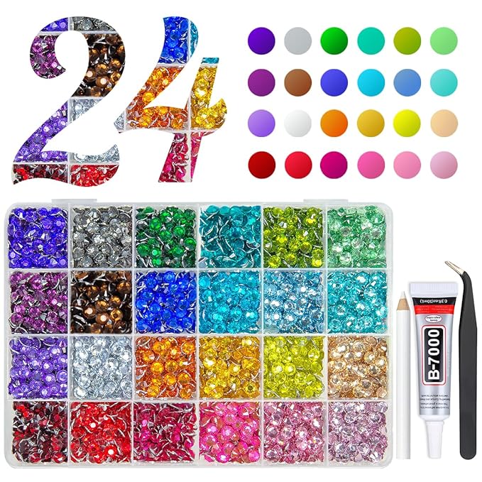 24 Color 6mm Crystal Resin Rhinestones w B7000 Jewelry Glue for Bedazzling Crafting SS30 Colorful Rainbow Big Flatback Stones Gems Diamonds Crystals for Tumblers Crafts Nails Face Eyes Makeup