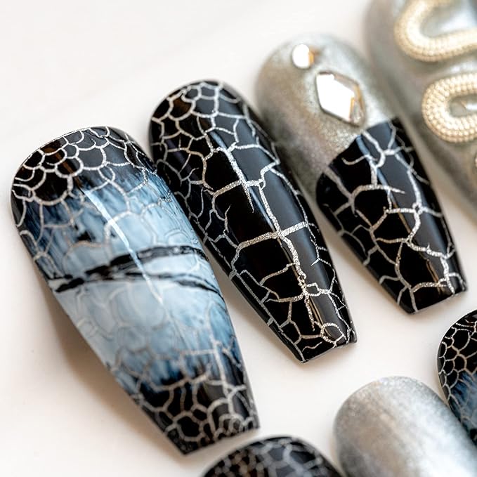 Sun&Beam Nails Handmade Press On Nail Coffin Ballerina 3D Snake Black Acrylic Fake Tip Design Art Charms Cute with Storage Box 10 Pcs (007 S)
