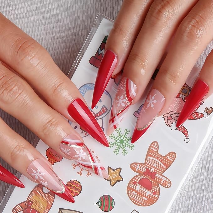24pcs Red Long Almond French Tips Press On Nails with Snowflakes and sparkling lines for Themed Costumes, Reusable Nail Kit with Nail Adhesive Tabs Mini Nail File, 12 Sizes (Red)