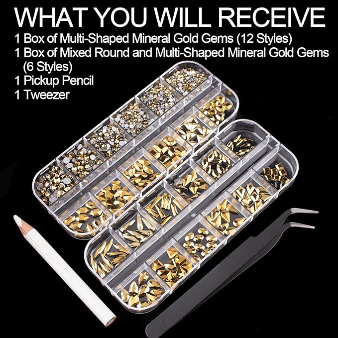 18 Styles Multi-Shaped Glass Gemstones for Nails and 6 Sizes Round Crystal Rhinestones Kit #9, Mineral Gold Nail Art Charm Bead Manicure Decoration with Pickup Pencil and Tweezer