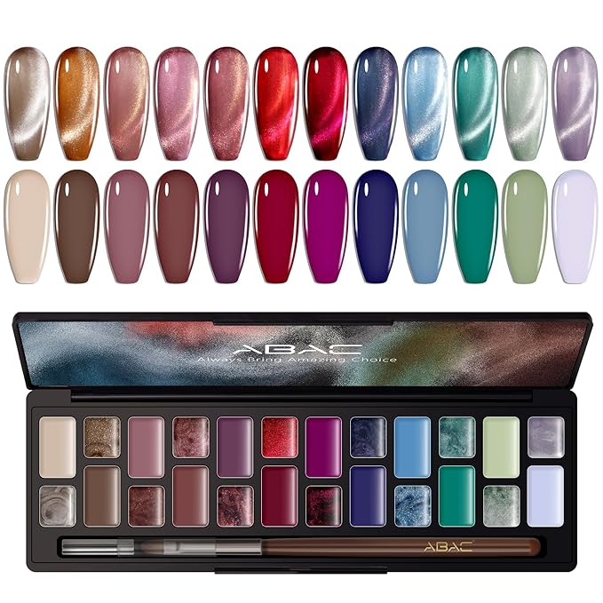 ABAC Solid Cat Eye Gel Nail Polish Palette,Hema-Free 24 Colors Pink Red Green Shimmer Cat Eye Gel Polish,Creme Gel Manicure Palette with Brush and Magnet Soak Off LED Gift for Women