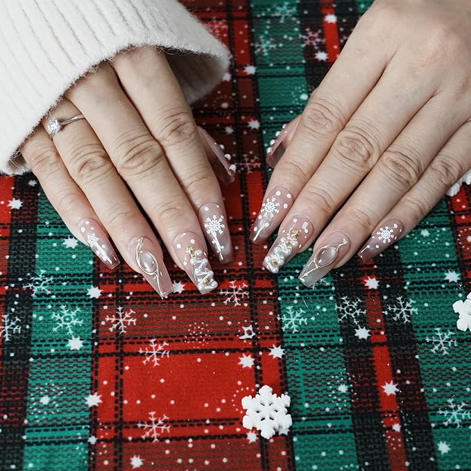 Glitter Press on Nails - Sheer Pink Nude Acrylic Handmade Coffin False Nails Winter Xmas Tree with Pearls Snowflake Star for Women Girls (Holiday Opulence-A,S)