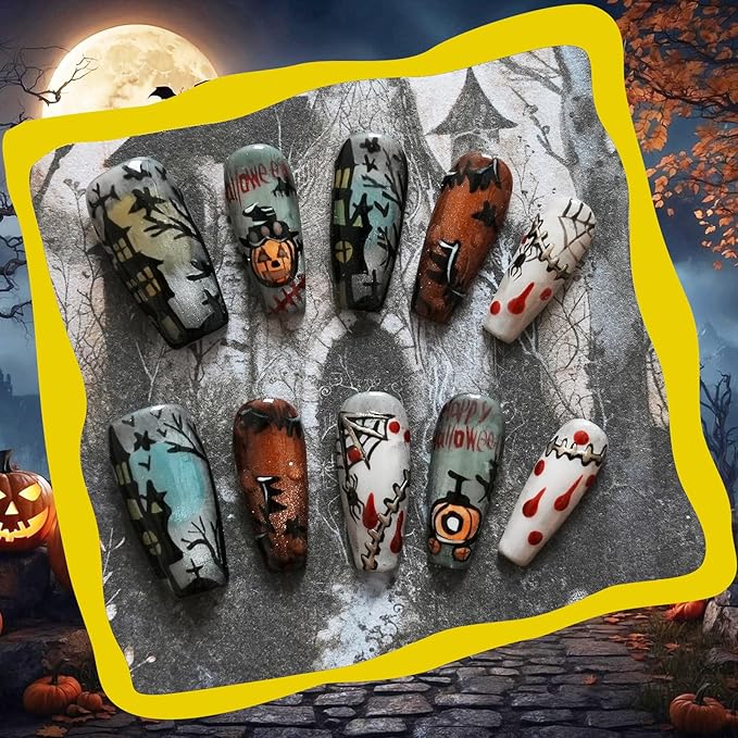 Handmade Press on Nails Long Coffin - Cartoon Story with Horror Design for Parties, Halloween (Halloween House Story,S)