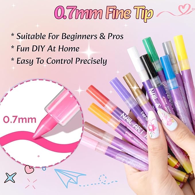 12 Colors 3D Nail Art Pens Set, 0.7mm Fine Tip, Waterproof and Quick-Drying Nail Polish Markers, Nail Painting Kit for DIY Nail Art Design
