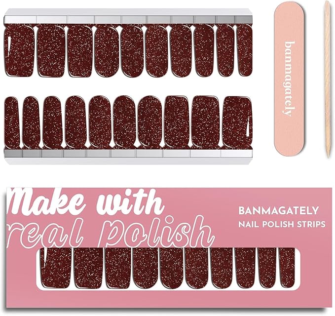 Nail Polish Strips, 20Pcs Salon Quality Gel Nail Stickers, Easy Long Lasting Wraps for Short Nails no UV Light Needed (Glitter Deep Scarlet)
