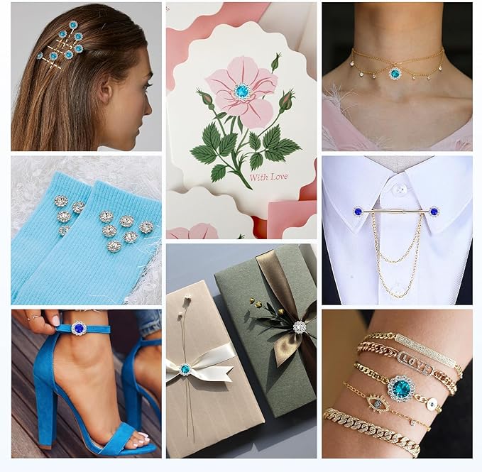 200 Pcs 12MM Sew on Rhinestones Mixed Colors Crystal Glass Metal Base Flower Shape, Flatback Rhinestones for Crafting, Sewing Accessories for Clothes and Shoes (Blue)