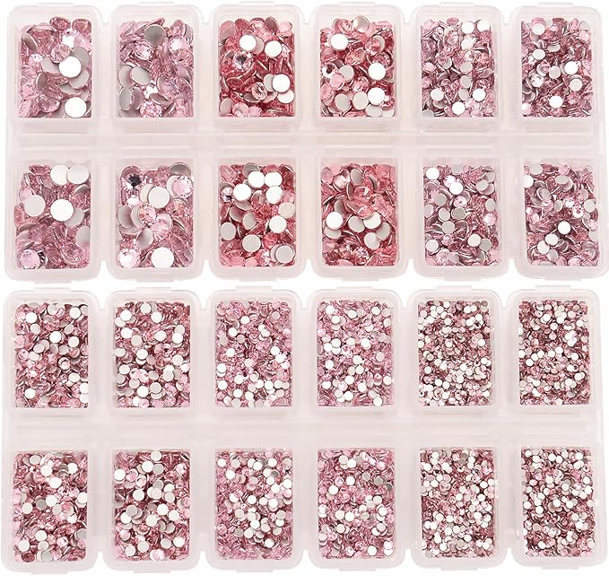 10000 Pieces Rhinestones 6 Sizes Round Crystal Glass Flat Back Rhinestones with 1Tweezers and 1Picking Pen for Nail Art Crafts Clothes Bags DIY (Pink)