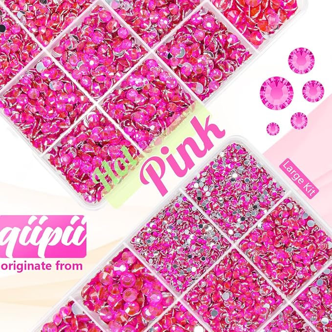 Hot Pink Crystal Resin Rhinestones w B7000 Glue for Bedazzling Crafting Flatback Stones 2mm-6mm Rose Red Diamonds Gems Bedazzler Kit for Nails Face Eyes Makeup Tumblers Bottles DIY Crafts Shoes