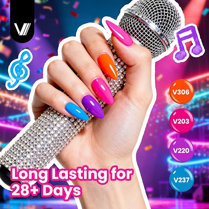 VANREESA 24 Pcs Gel Nail Polish Set -Bright Colors Gel Polish with Base Coat & 4 Effects of Top Coat Bright Yellow Orange Pink Red Green Blue Purple Gel Polish Set Nail Kit Gifts for Women Girls