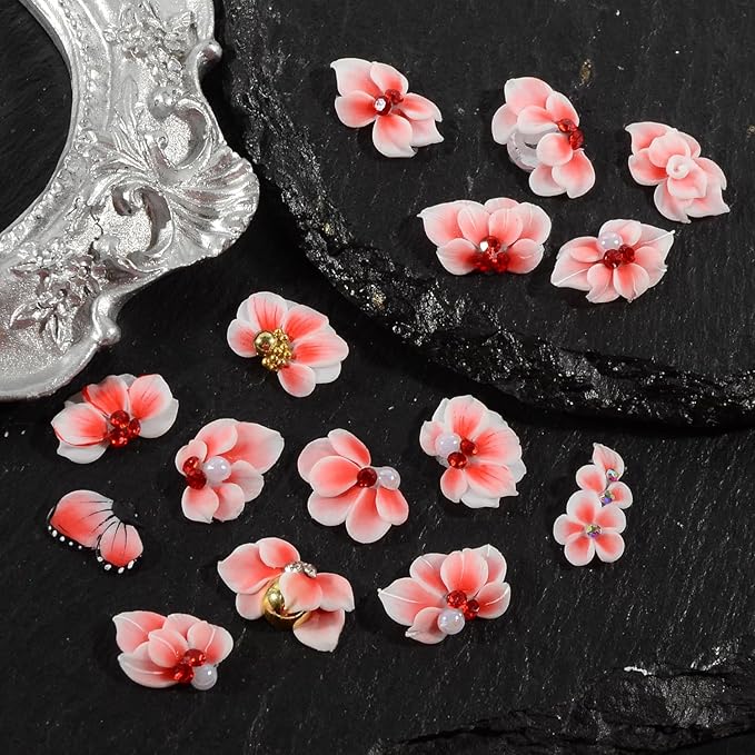 30PCS 3D Handmade Flower Nail Art Charms Advanced Handcrafted Cherry Blossom Flower Colorful Sculpted Floral Nails with Rhinestone Caviar Beads Design for Women Profession Nail Art Craft Jewelry
