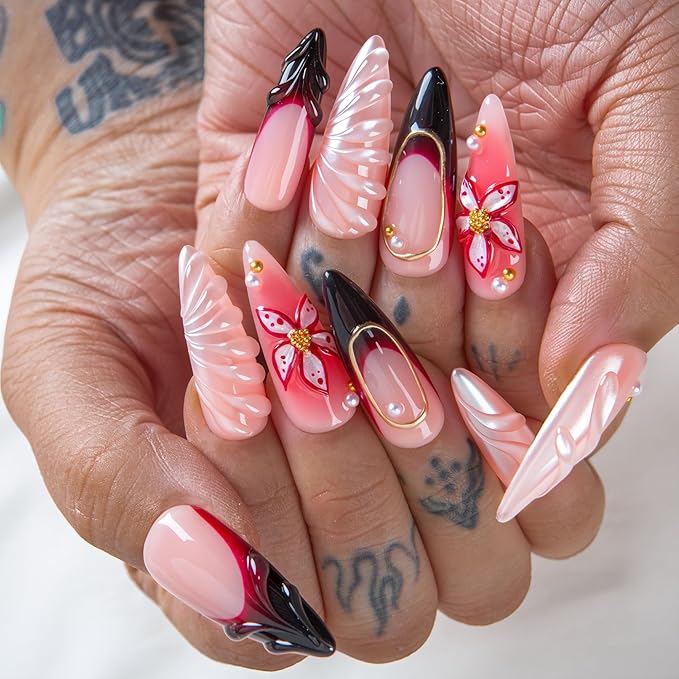 LOVFUL Short French Tip Press on Nails Crimson Veil | Handmade Acrylic Press ons| Reusable Fake False Nails | Stiletto Classic Regular 1.3in | H707-S