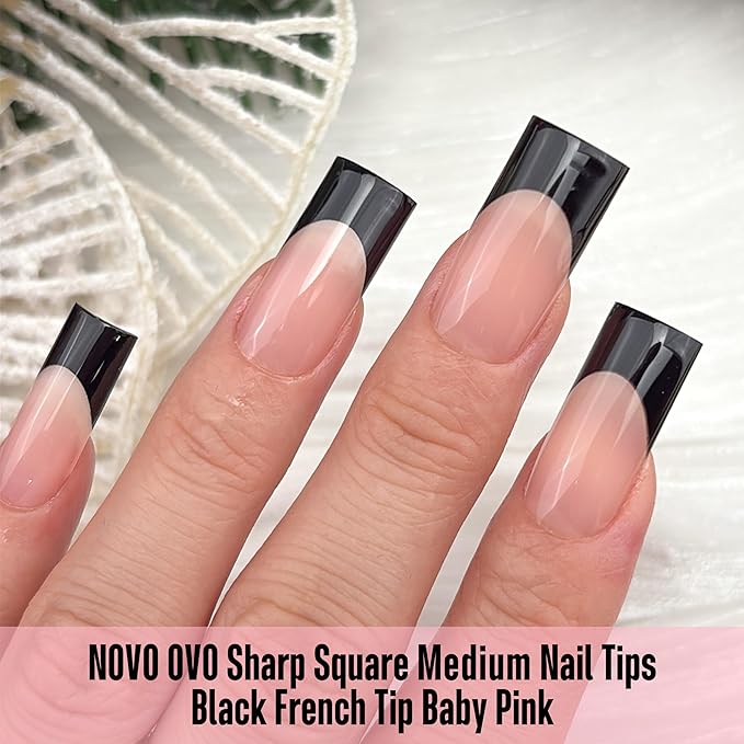 NOVO OVO Soft Gel Nail Tips Square Medium - Black French Tip on Baby Pink Base, 180Pcs Full Cover False Nails for Gel X Extension, Sharp Shape Pre-Designed Press on Nails for DIY Home Salon (15 Sizes)