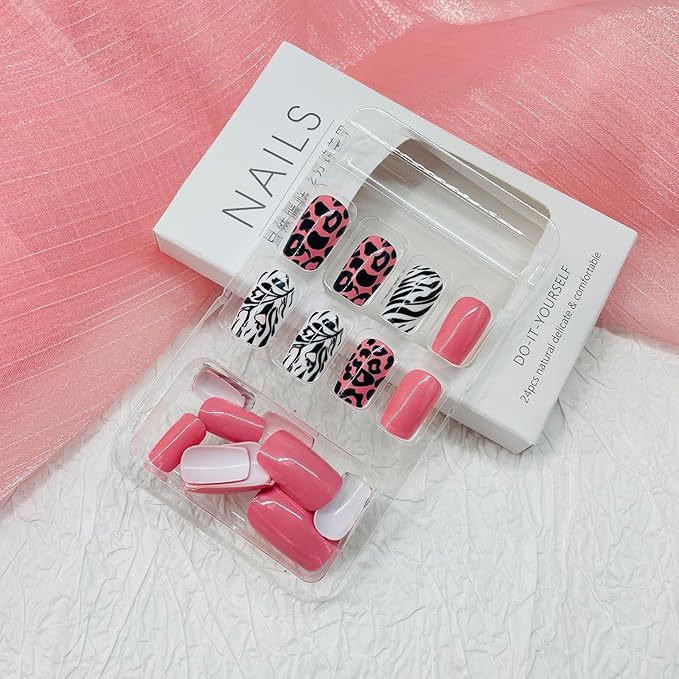 Leopard Press on Nails Medium Square Fake Nails with Designs Zebra Stripes Stick on Nail Pink Acrylic False Nail Glossy Artificial Nail Full Cover Glue on Nails for Women