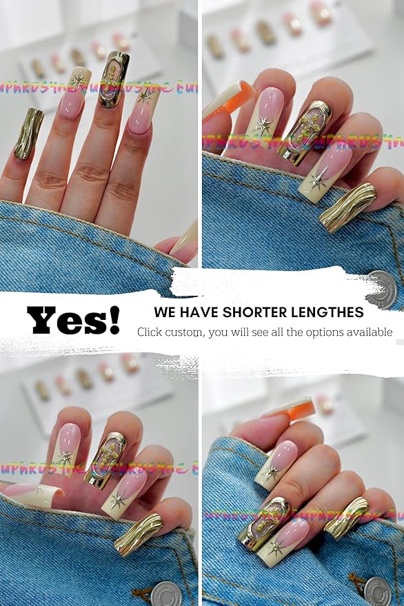 Euphrosyne Luxury Press On Nails – 10pcs Long Square Nude Pink Fake Nails with Gold 3D Star Charms & Baroque Relief Design | Glam Stick-On Nails for Women, Retro Nail Art for Party & Fashion Look
