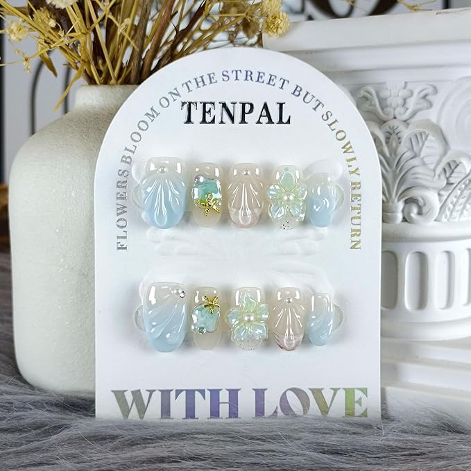 Blue French Tips Press on Nails Short Oval,Isle Blue Gradient & Hand-Sculpted Conch Relief False Nails,Ocean Whisper Fake Nails Kit,Glossy Cute Artisan Coastal Zen Nail Art with Tools 10pcs(M)