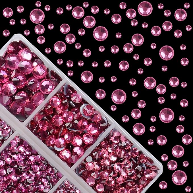 4000Pcs Mixed Size Hot Fix Round Crystals Gems Glass Stones Hotfix Flat Back Rhinestones (Fuchsia)