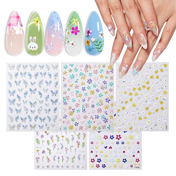 modelones Gel Polish Flower Nail Stickers, 3D Embossed Colorful Floral Daisy Heart Bunny Nails Supplies Flower Nail Art Design for Spring Easter Manicure DIY Nail for Women & Kids 5Pcs