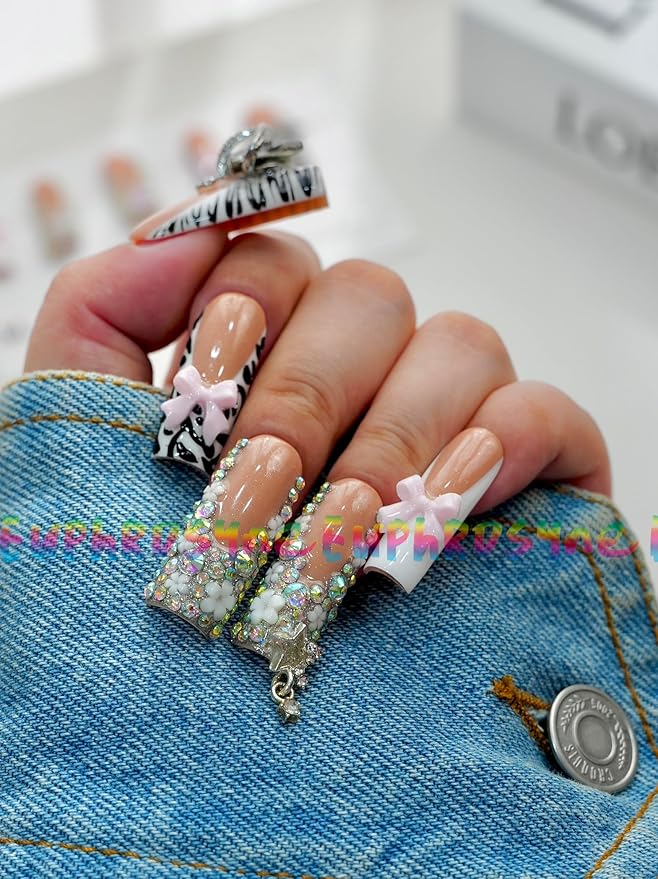 Euphrosyne 10pcs Coffin Nude Brown Press On Nails – Fake Nails with Rhinestones, Zebra Print & 3D Bows | Glam Stick-On Acrylic Nails with Big Charms for Bold Y2K or Party Look