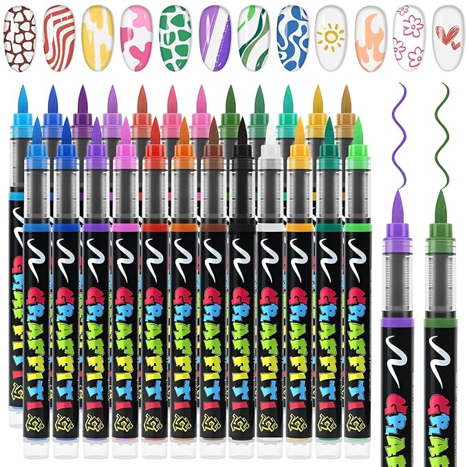 EBANKU 24 Colors Nail Art Pens Quick Drying, 3D Soft-Tip Nail Polish Pens Acrylic Paint Nail Pens for Nail Art Color-fast Nail Point Dotting Liner Pen Sets for Home & Salon Nail DIY Art Design Tools