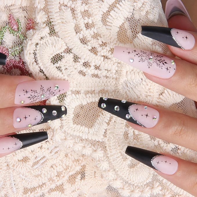 24pcs Black Long Square French Tips Press On Nails with Snowflakes, hearts and stars for Themed Costumes, Reusable Nail Kit with Nail Adhesive Tabs Mini Nail File, 12 Sizes (Black)