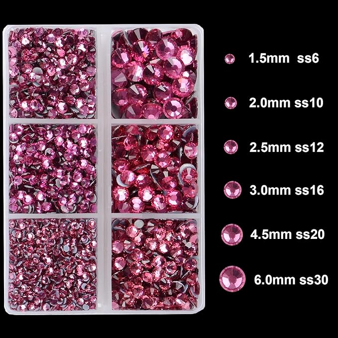 4000Pcs Mixed Size Hot Fix Round Crystals Gems Glass Stones Hotfix Flat Back Rhinestones (Fuchsia)
