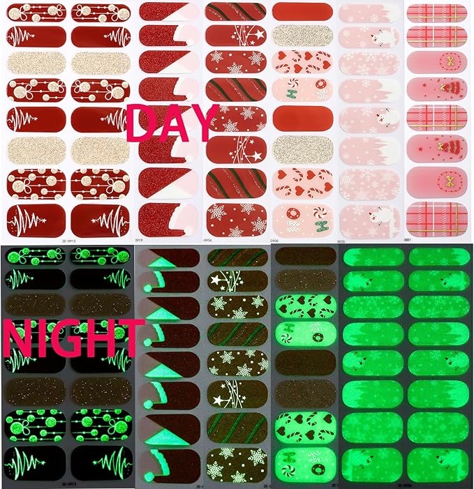 6 Sheets Christmas Nail Wraps Full Stickers Glow in The Darkness Nail Polish Strips, DIY Self-Adhesive Nail Art Santa Hat Xmas Tree Snowflakes with 5 Pieces Nail Files for Party Decor (96 Pieces)